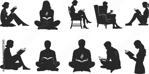 Silhouettes of people reading books in various seated positions, including sitting cross-legged, on chairs, armchairs, and standing.