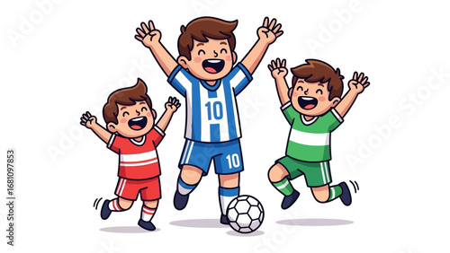 Soccer Enthusiasm: Three gleeful young players, clad in vibrant team colors, erupt in unbridled joy as a soccer ball sits between them, painted with cheerful determination.