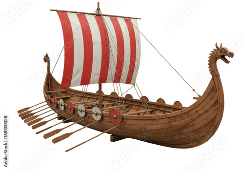 Isolated Viking Longship Sailboat Replica Model with Dragon Head Finial and Oars on Stand
