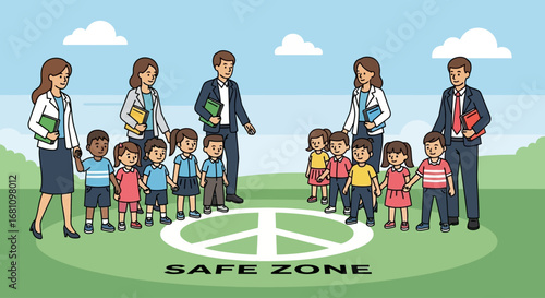 Adults and children standing in a safe zone, holding hands, promoting peace and security.