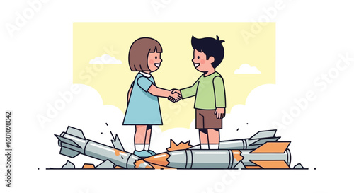 Children shaking hands on top of broken missiles, symbolizing peace amidst destruction.