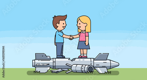 A cartoon man and woman shake hands in agreement, standing on a broken missile, symbolizing peace, diplomacy, and the end of conflict.