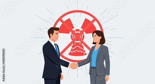 A businessman and businesswoman shake hands, symbolizing a diplomatic agreement against nuclear weapons and radiation.