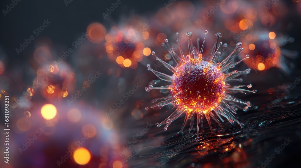 Fototapeta premium Virus under microscope, detailed glowing textures, 3D illustration.