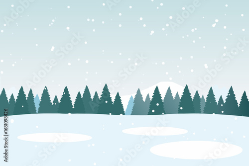 winter scene with snow falling over frozen lake and pine trees