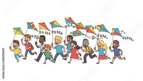 Joyful Skies: A vibrant scene of children and adults joyfully running with colorful kites, capturing the spirit of freedom and the bliss of outdoor play. 