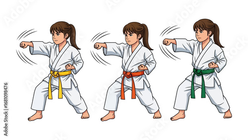 Martial Arts Student Practicing: Three young martial arts students, each with colored belt, displaying focused punching techniques against a clean backdrop.