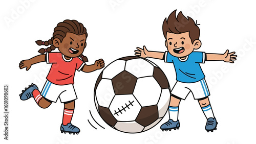 Football Buddies: Dynamic illustration showing two young players in animated action and sporting camaraderie, poised mid-play with a soccer ball, embodying youthful energy, competitive spirit.