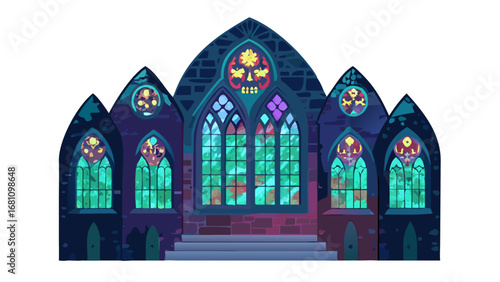 Vector art of beautiful gothic church with stained glass windows