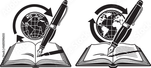Vector art of two icons depicting a pen writing in an open book with a globe and arrows symbolizing global knowledge and learning