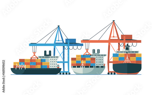 Flat minimalist illustration Gray cranes and ships with cargo containers against a white background