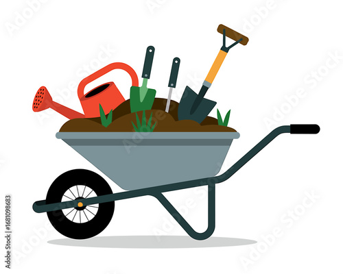 Gardening Tools in a Wheelbarrow A Flat Minimalist Illustration of Eight Essential Garden Items