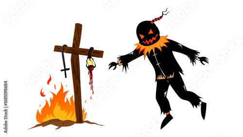 Vector art of scary scarecrow and burning cross