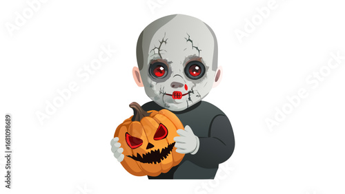 Vector art of creepy zombie child holding a halloween pumpkin