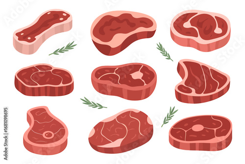 Flat minimalist illustration of meat cuts offers eight tasty options for food lovers.