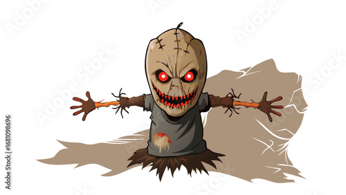 Vector art of creepy scarecrow with glowing red eyes