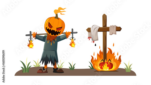Vector art of scary scarecrow with burning cross