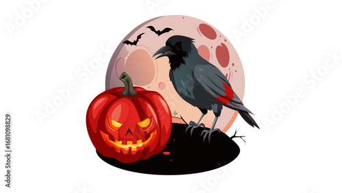 Vector art of halloween pumpkin with scary face and a crow