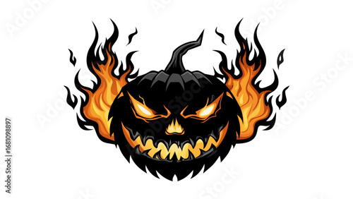 Vector art of scary black halloween pumpkin with fire