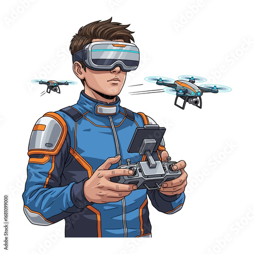 Drone Pilot: A focused individual pilots a drone, using virtual reality headset for immersive control, showcasing modern technology and innovation