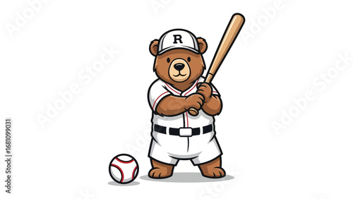 Bear Baseball Star: A charming illustrated bear, dressed in a baseball uniform with bat in hand, ready for the game, alongside a baseball.