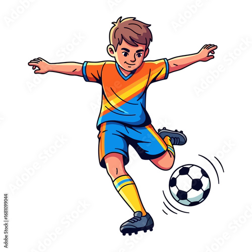 Soccer Action: A young soccer player, full of energy, kicks a soccer ball with focused determination on the field. Illustration.