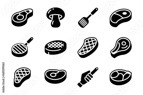 A Set of 15 Black and White Line Art Featuring Grill Icons, Mushroom, and Meat Cuts