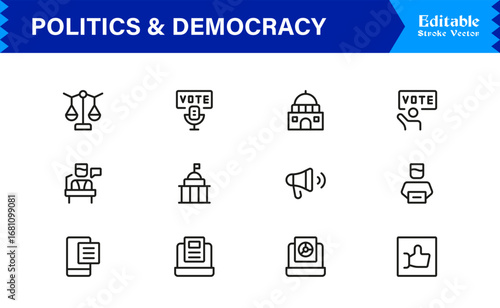 Politics and Democracy line icon set, modern professional vector collection of government, voting, civic rights, election, and policy-related minimal outline illustrations.