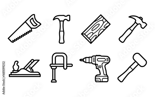 Craftsmanship Collection A Set of Eight Black and White Woodworking Essentials , perfectly for design and creative projects.