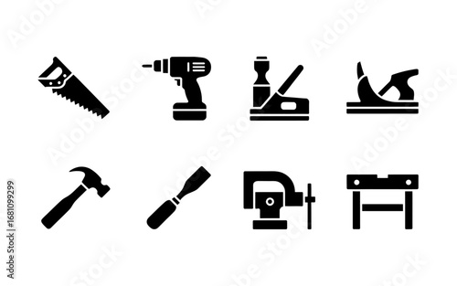A Set of Eight Simple Line Art Illustrations Featuring Carpentry Tools for DIY Projects