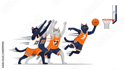 Feline Basketball Showdown: A dynamic illustration depicts playful cats engaged in a competitive basketball game. A striking display of athleticism, teamwork, and competitive spirit.