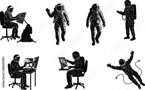 Silhouettes of astronauts working on control panels, walking in space suits, conducting spacewalks, and floating in zero gravity