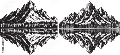Vector art of symmetrical mountain range reflection in water, nature landscape, wilderness, black and white illustration