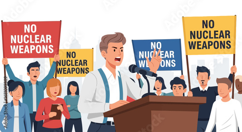 A passionate speaker addresses a crowd protesting nuclear weapons, holding signs demanding disarmament.