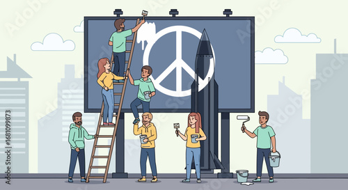 A diverse group of activists collaboratively paint a large peace sign over a bomb on a city billboard.