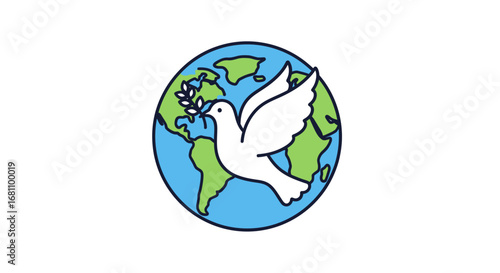 A symbolic white dove carrying an olive branch flies before the planet Earth, representing global peace and hope.