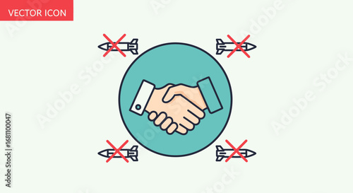 A handshake symbolizes peace and agreement, surrounded by crossed-out bombs, representing the cessation of conflict and the pursuit of diplomacy.