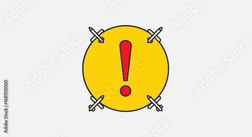A bright yellow circle with a red exclamation mark at its center, secured by four small, stylized rocket-like objects piercing its edge.