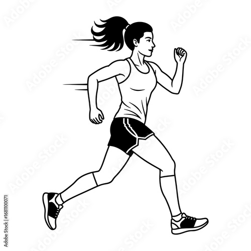 Dynamic Run: A striking monochrome depiction captures the essence of running, a fit woman in motion, showcasing her athleticism and vigor in this timeless illustration.