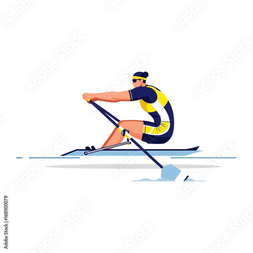 Rowing Athlete in Action: A dynamic illustration of a determined athlete expertly maneuvering a sleek rowing boat across the water, capturing the essence of strength, precision.