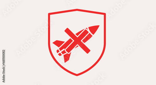 A red shield icon with a crossed-out rocket, symbolizing anti-missile defense, security, and protection.