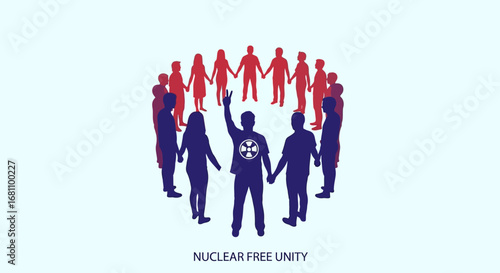 Symbolic representation of unity, peace, and nuclear disarmament with diverse people holding hands.