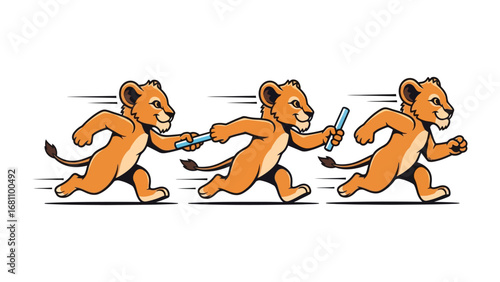 Lion Cubs relay race: Three cute lion cubs participate in a relay race, the image is filled with action, speed and coordination. Embodying the spirit of teamwork and playful competition