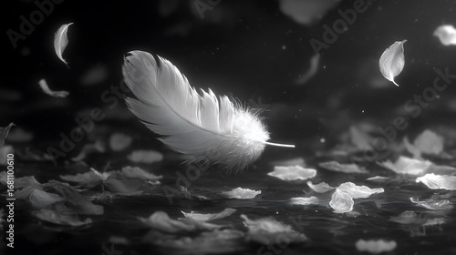 Feather falling among petals black and white
