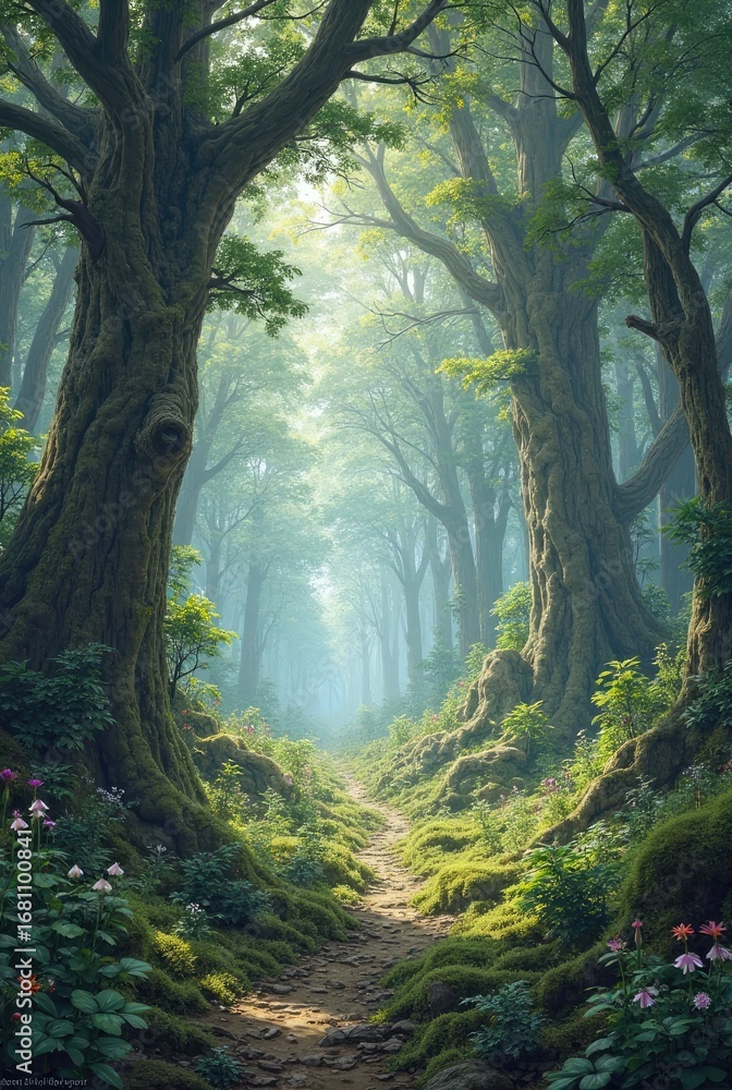 Obraz premium Enchanting forest path beckons with sunlight filtering through ancient trees, promising adventure and serenity