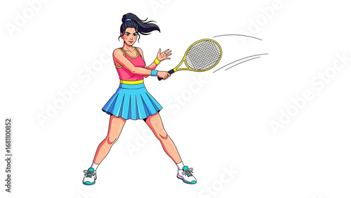 Tennis Game Champion: A dynamic illustration of a female tennis player in action, perfectly captured at the moment of striking the ball, radiating energy and determination in every serve.