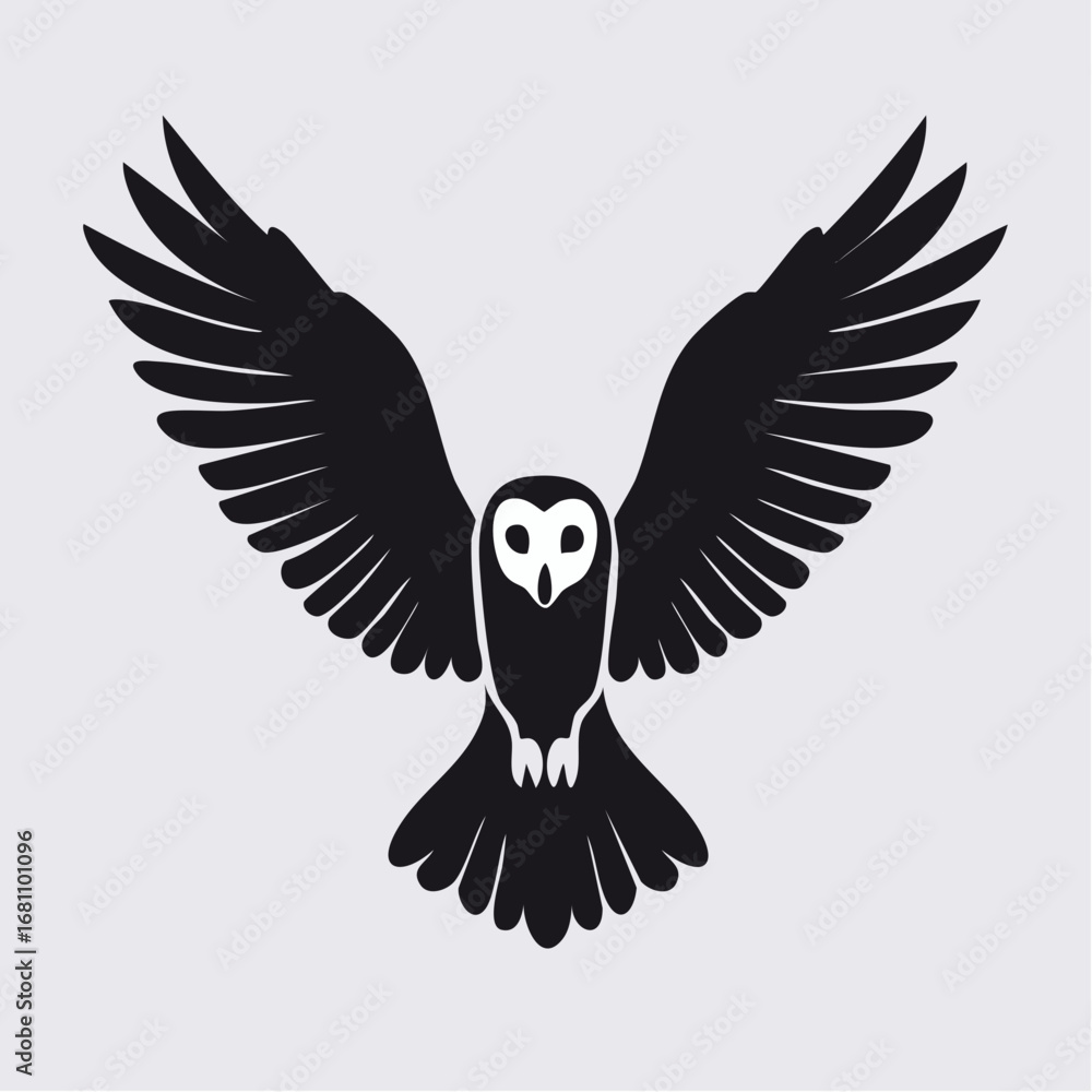 Fototapeta premium A majestic barn owl in flight, wings outstretched, depicted in a simple, black silhouette.