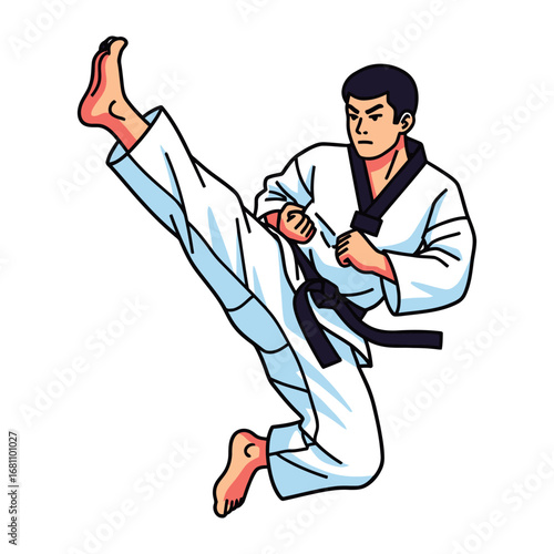 High Kick Karate: Dynamic illustration of a martial artist executing a powerful high kick, embodying strength, agility, and focused discipline, with bold lines and striking contrast.