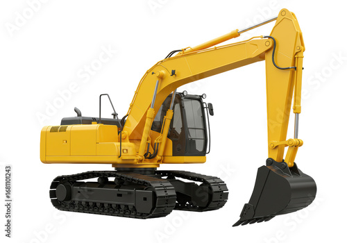 Isolated Excavator with Hydraulic Arm, Mechanical Digger, and Black Tracks on Construction Site