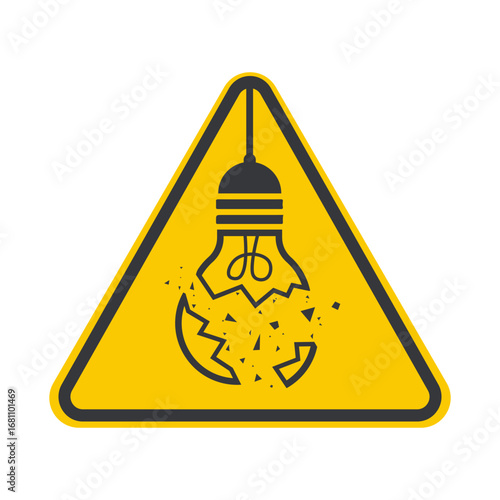 Isolated safety sign a broken light bulb, symbolizing damage, danger, electrical hazard, fragile glass, failure, safety warning, accident prevention, and maintenance.